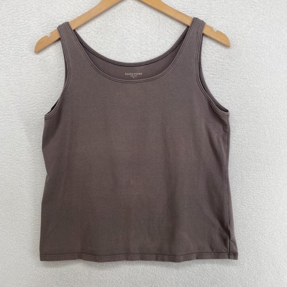 EILEEN FISHER Tank Top M Stretch Jersey Organic Cotton Scoop Neck Brown VTG USA